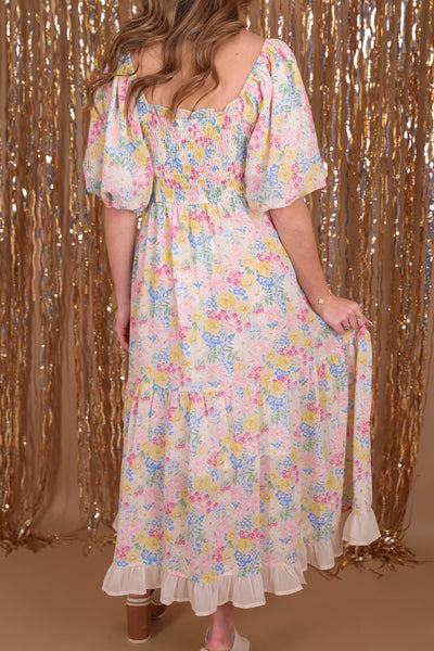Floral Print Midi Dress- Pastel Midi Dress- Puff Sleeve Midi Dress