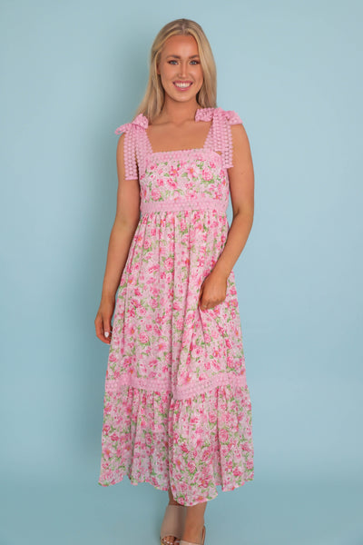 Women's Pink And Green Flower Dress- Pink Crotchet Dress- Blu Pepper Floral Maxi Dress