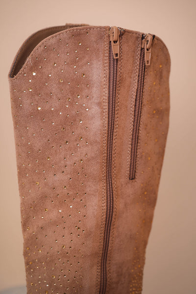 Taupe Tall Western Boots- Brown Rhinestone Boots- Pierre Dumas Brown Rhinestone Boots