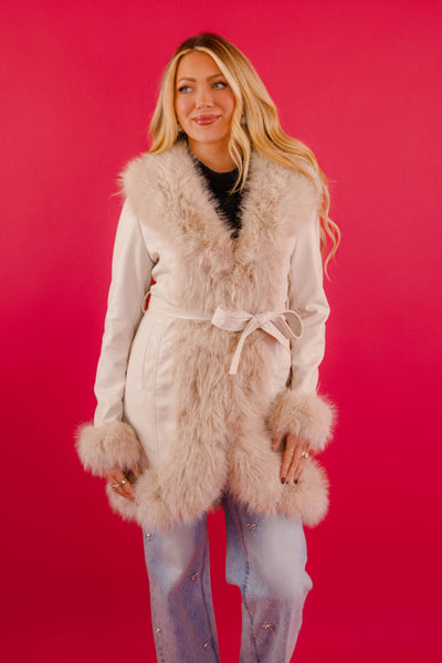 Women's Cream Leather Jacket With Fur Trim- Women's Luxurious Long Coat- Coalition Leather Fur Coat