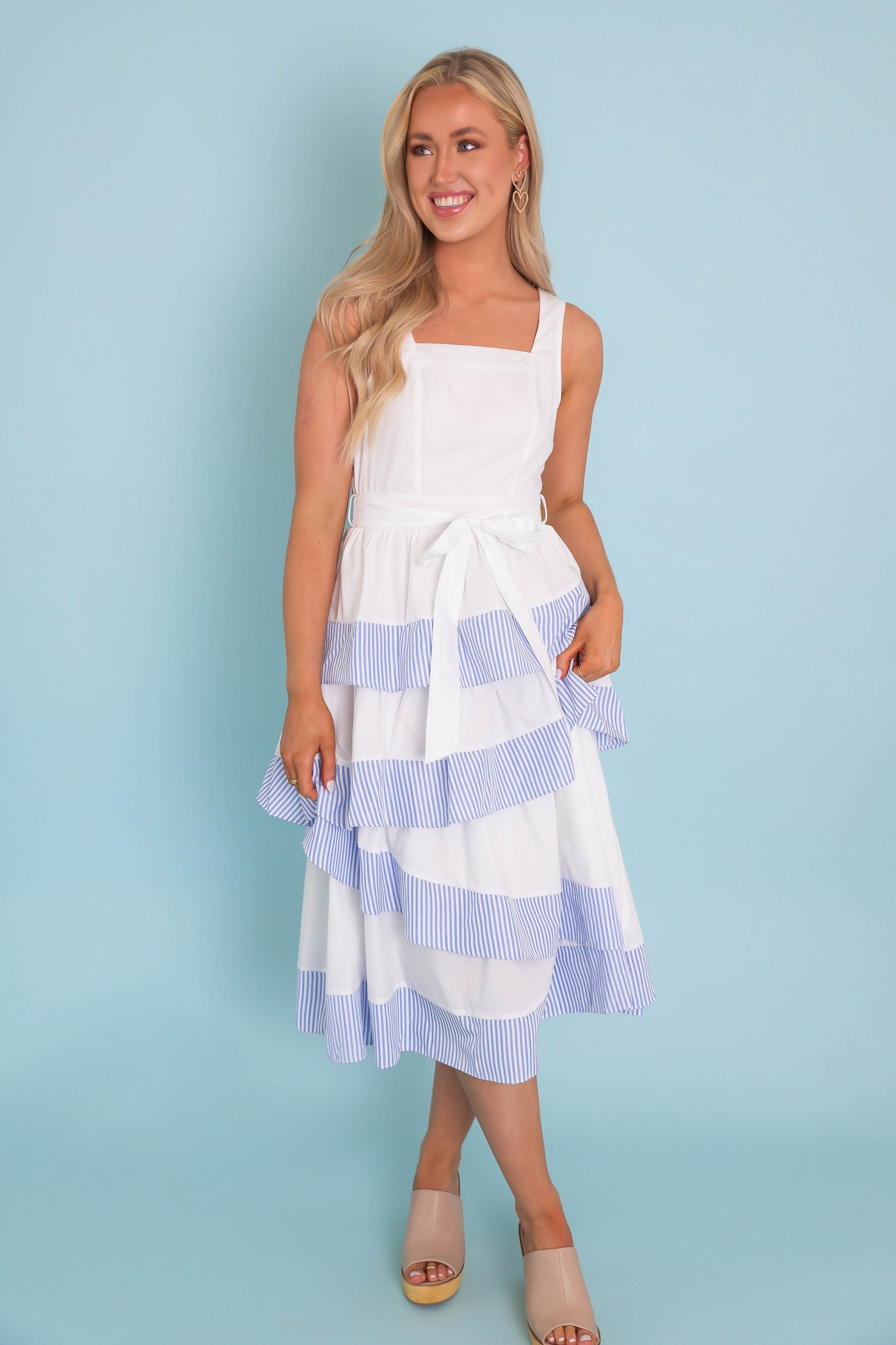 Women's Blue And White Striped Midi Dress- Women's Preppy Midi Dresses- Entro White Midi Dress