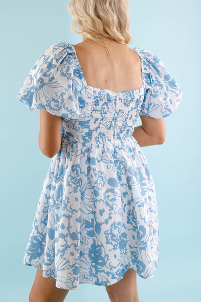 Women's White and Blue Floral Dress - High Quality Cotton Floral Dress - Puffed Sleeve Dress by Aureum