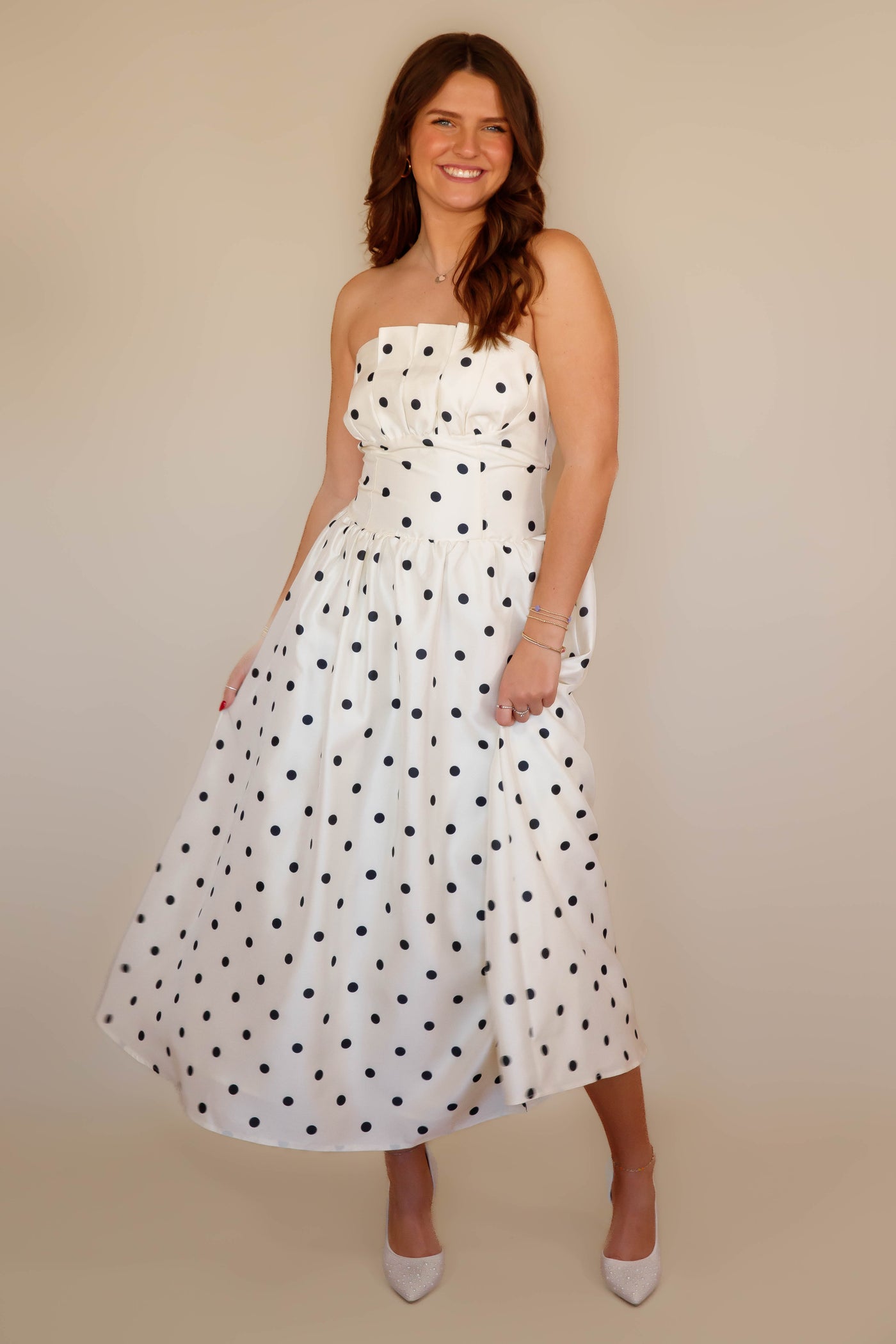 Strapless Black Polkadot Midi Dress- Women's Cocktail Dresses- Mable Strapless Pleated Dress Small Strapless Black Polkadot Midi Dress- Women's Cocktail Dresses- Mable Strapless Pleated Dress Small