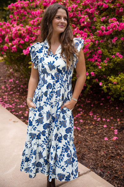 Blue Printed Midi Dress- Women's Resort Wear Dress- TCEC Dresses