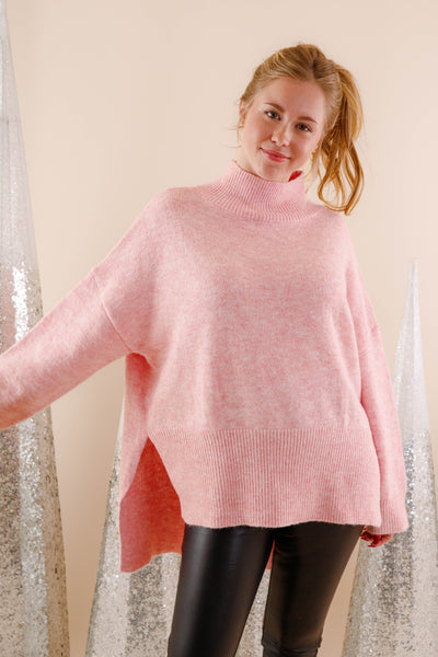 Oversized Pink Mockneck Sweater- Women's Soft Oversized Sweater- Ribbed Knit Comfy Sweater