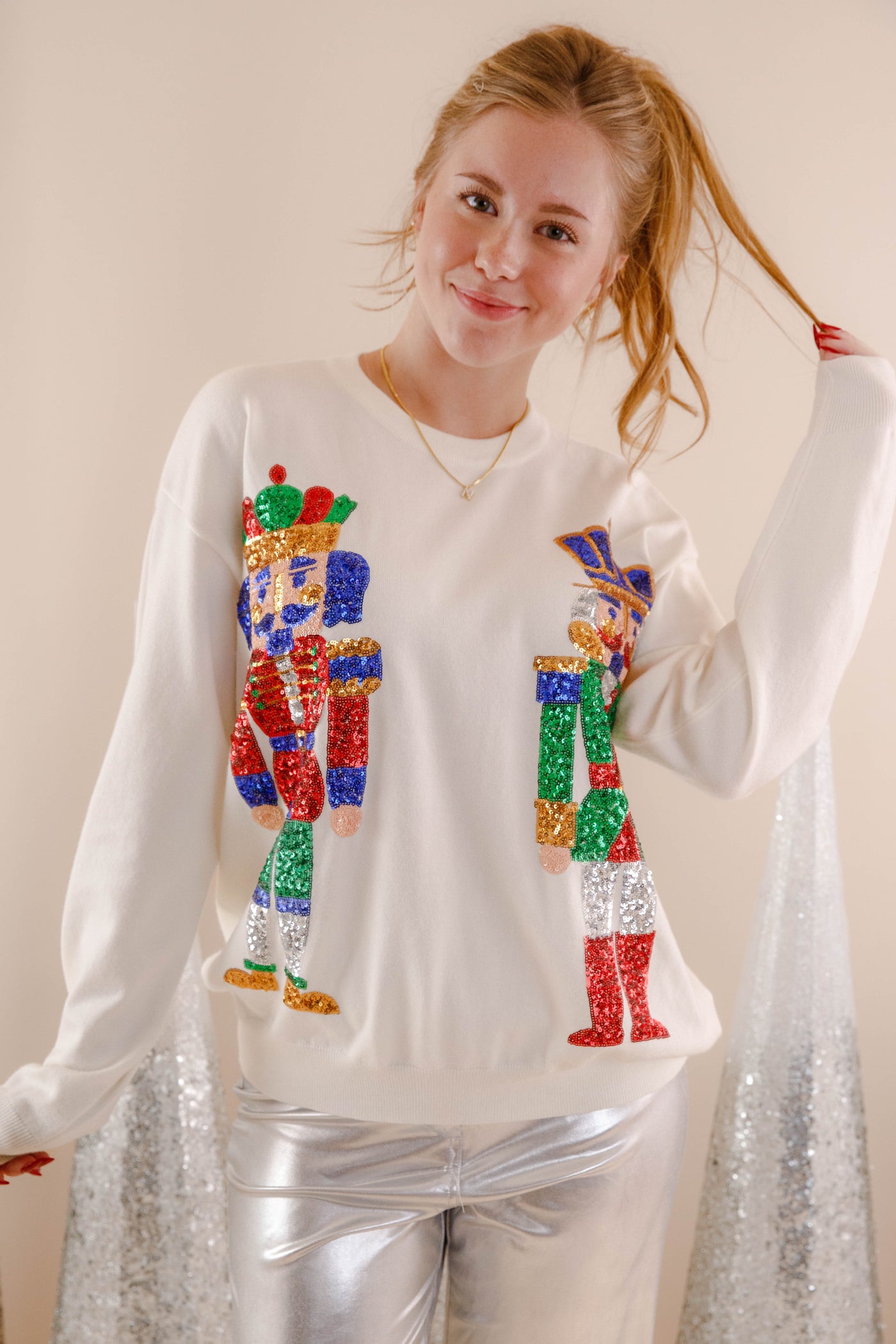 Sequin Nutcracker Sweater- Women's Sequin Christmas Sweater- PeachLove Christmas Tops