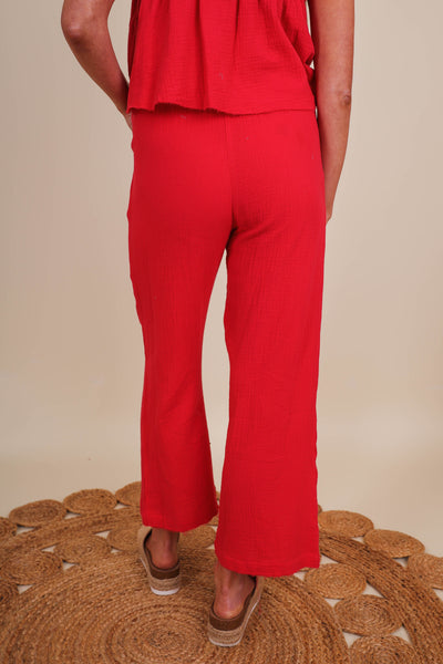 Women's Red Cotton Pants- Gauzy Pants For Women- Women's Gauzy Cotton Two Piece Set