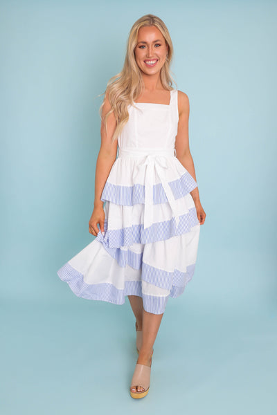Women's Blue And White Striped Midi Dress- Women's Preppy Midi Dresses- Entro White Midi Dress