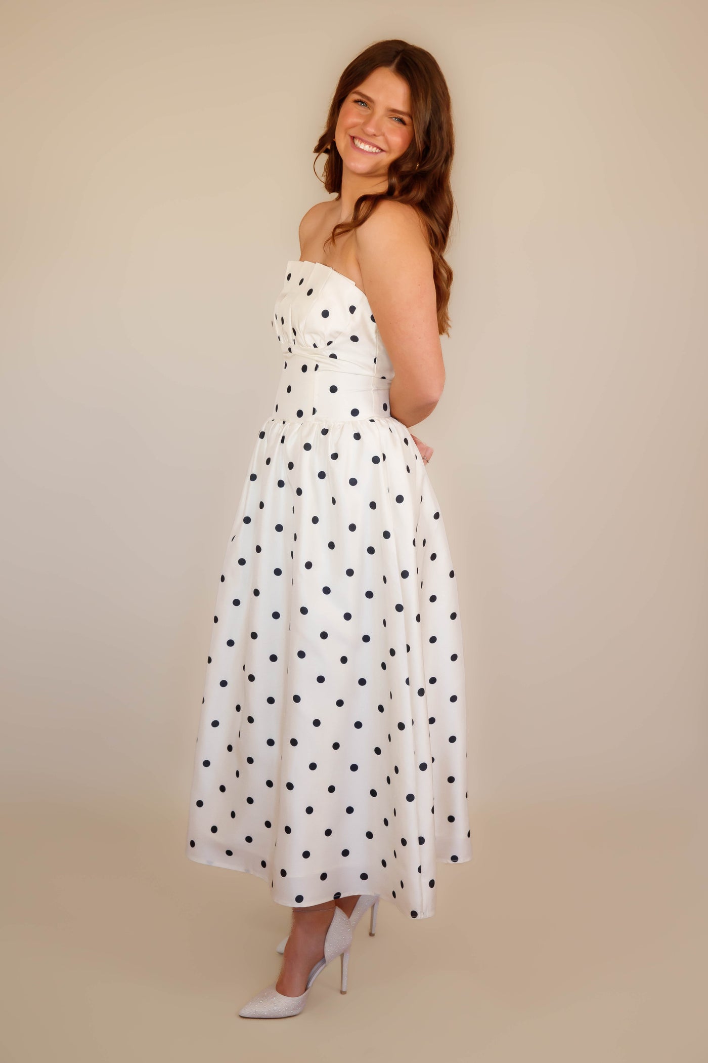 Strapless Black Polkadot Midi Dress- Women's Cocktail Dresses- Mable Strapless Pleated Dress Small