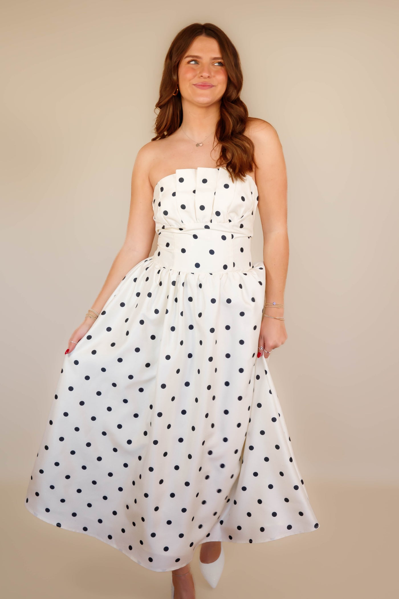 midi strapless cocktail dress Black Polkadot Dress- Women's Dresses- Mable Strapless Pleated Small alttext Leopard Print Long Sleeve Cocktail Parties Color:Noir Daisy