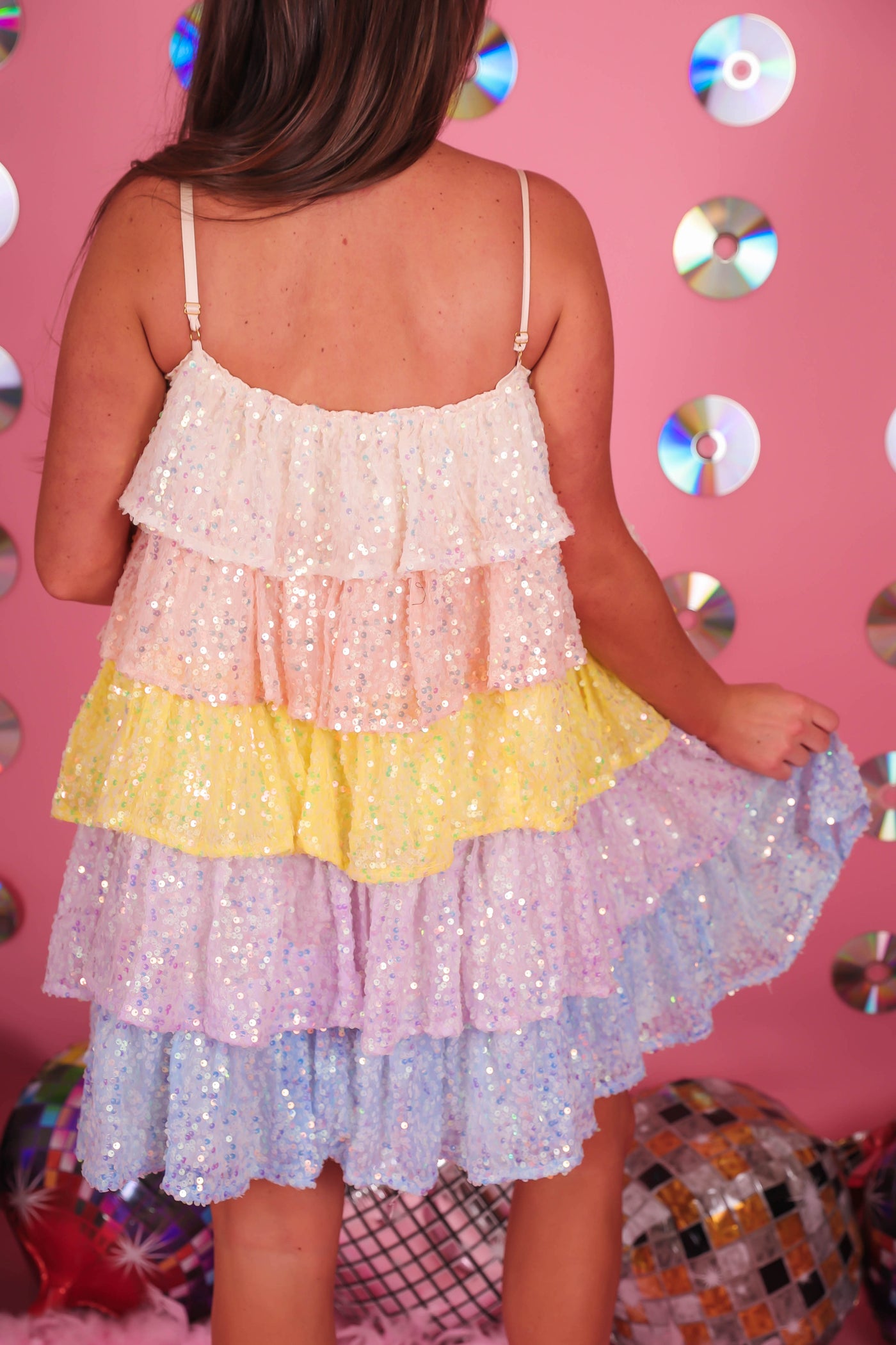 Women's Rainbow Sequin Dress- Tiered Rainbow Sequin Dress- Mable Sequin Dress