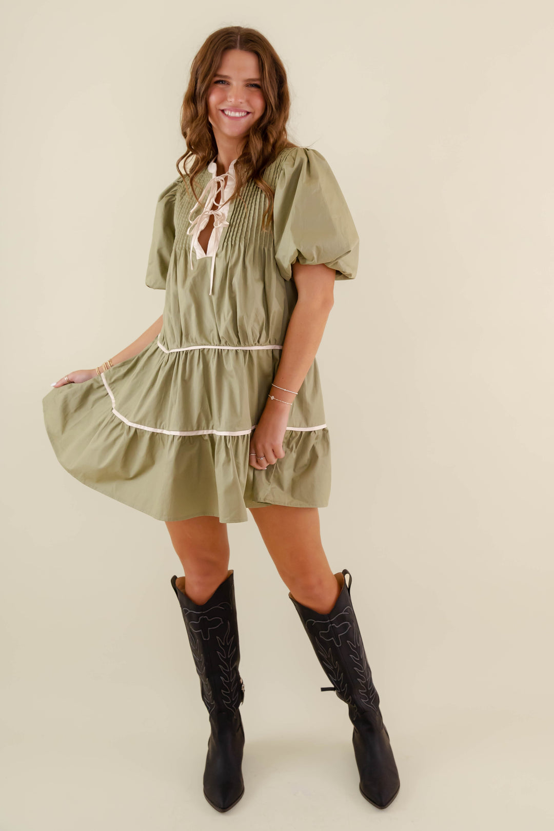 Olive Green Cotton Dress- Women's Puff Sleeve Babydoll Dress- Entro Dresses  – Juliana's Boutique