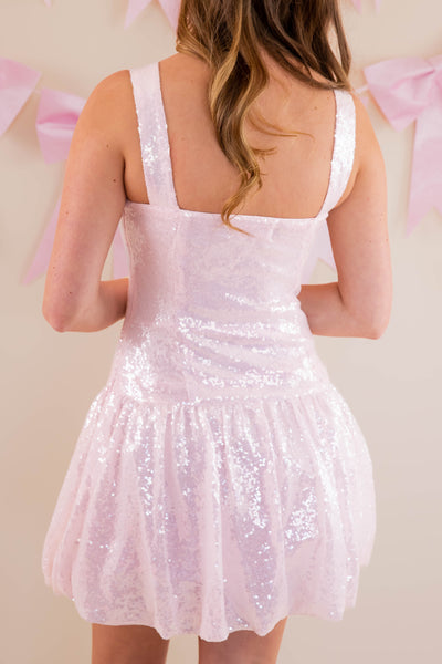 Pink Sequin Mini Bubble Dress- Light Pink Cocktail Dress- Mable Pink Sequin Dress