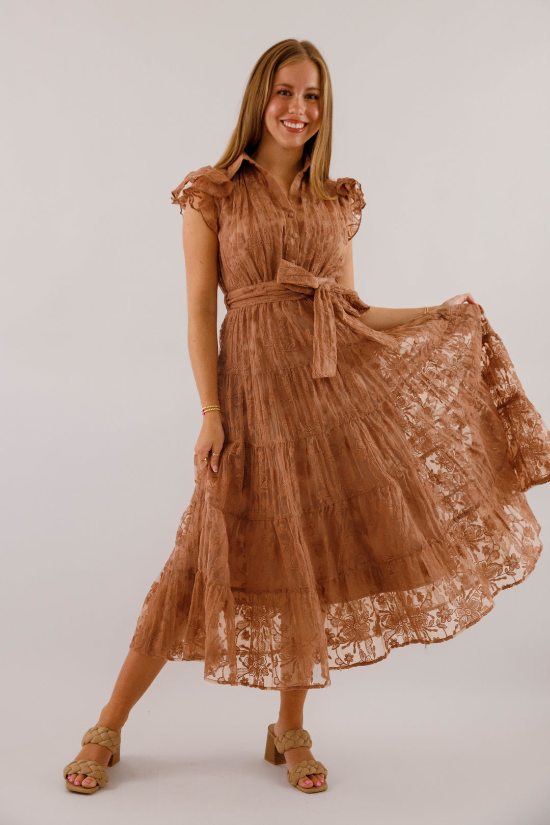 Brown Lace Flutter Sleeve Midi Dress- Women's Sophisticated Midi Dress Medium Brown Lace Flutter Sleeve Midi Dress- Women's Sophisticated Midi Dress Medium