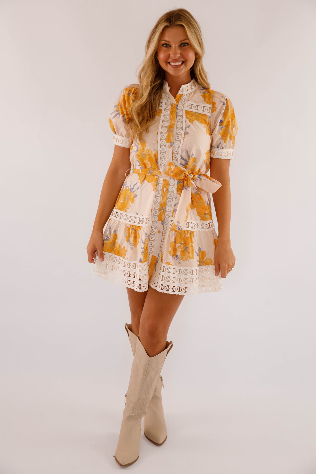 Floral Cotton Mini Lace Trim Dress- Honey Yellow Dress- Women's