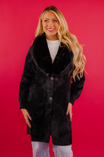 Black Fuzzy Long Coat- Women's Long Black Fur Coat- Lena Long Black Coat