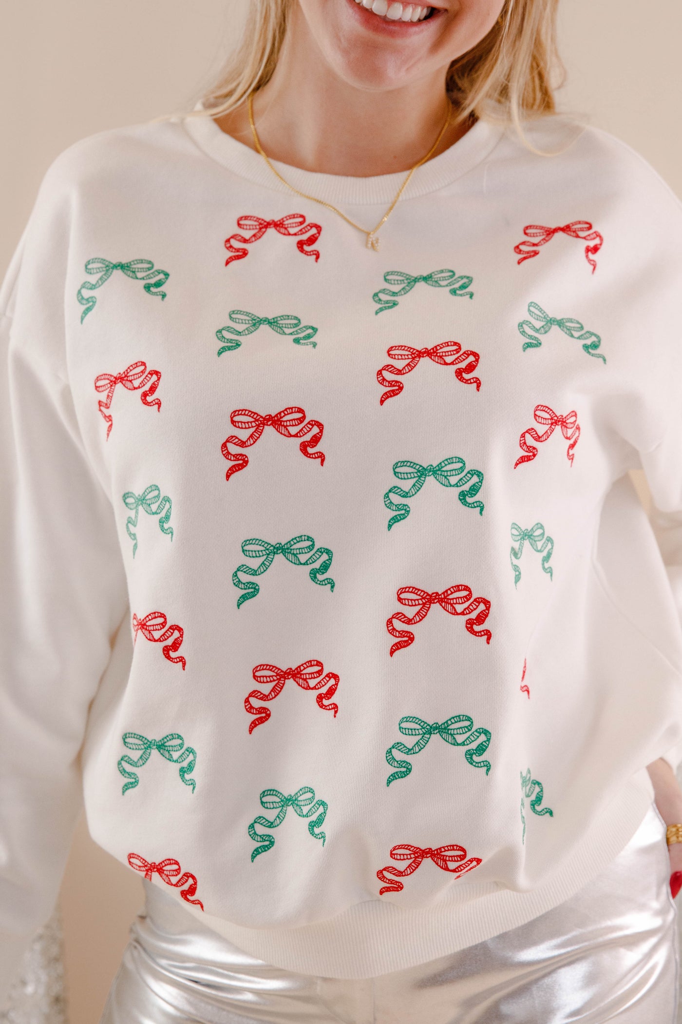 Women's Christmas Pullover- Red and Green Bow Sweatshirt- Blue B Christmas Sweatshirt