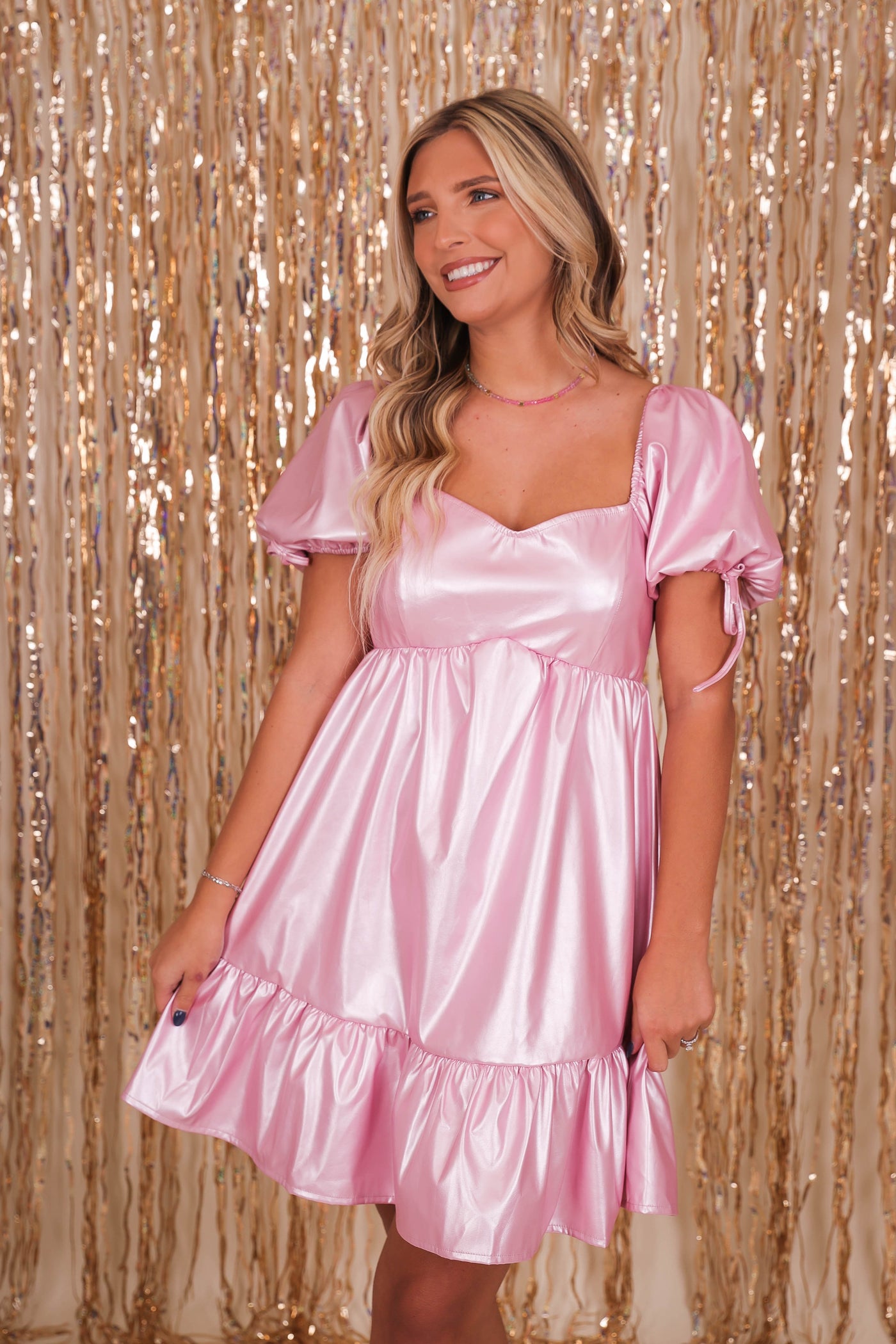 Women's Pink Metallic Dress- Shimmery Pink Party Dress
