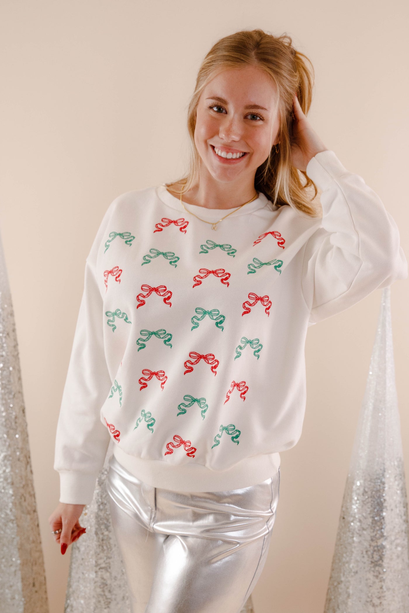 Women's Christmas Pullover- Red and Green Bow Sweatshirt- Blue B Christmas Sweatshirt