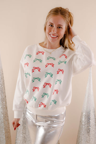 Women's Christmas Pullover- Red and Green Bow Sweatshirt- Blue B Christmas Sweatshirt