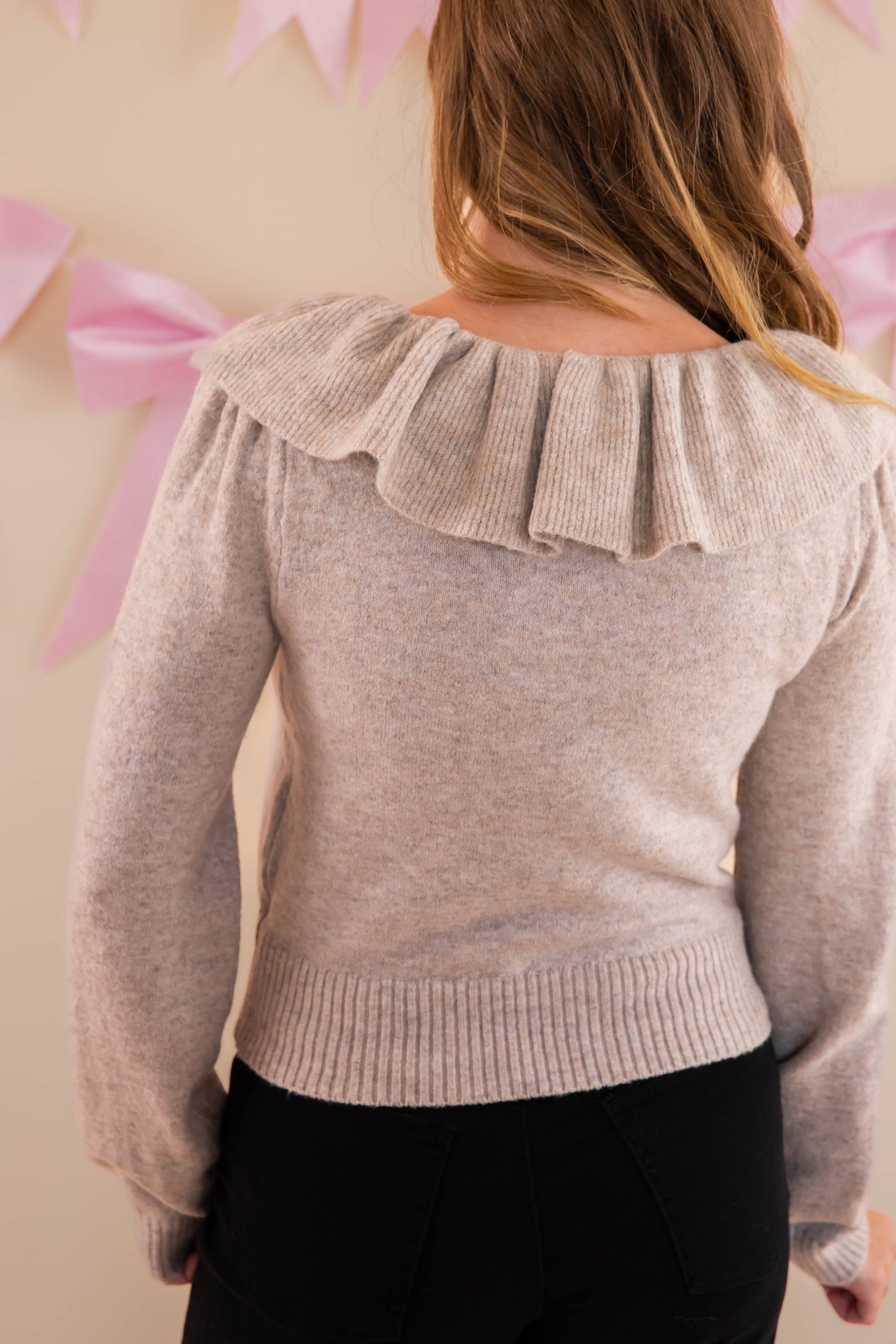 Ruffled Neckline with Bow Detail Sweater- Designer Inspired Sweater- Mable Ruffled Sweater with Bow