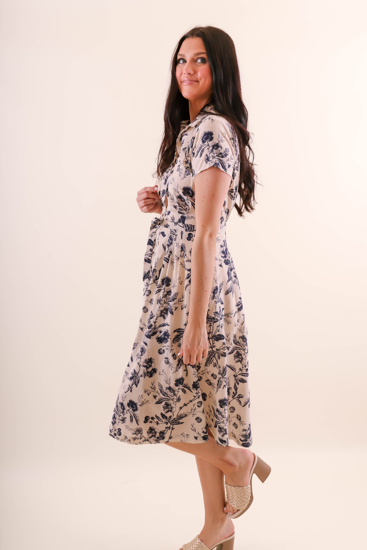 Women's Collar Button Down Midi Dress- Blue and Beige Print Midi Dress- Aakaa Dresses