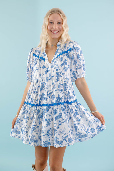 Floral Blue Toile Print Dress- Women's Ric-Rac Dress- Blue Printed Dress