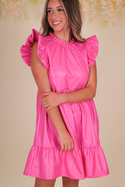 Hot Pink Pleather Dress- Women's Fun Pink Dress- Jodifl Dresses