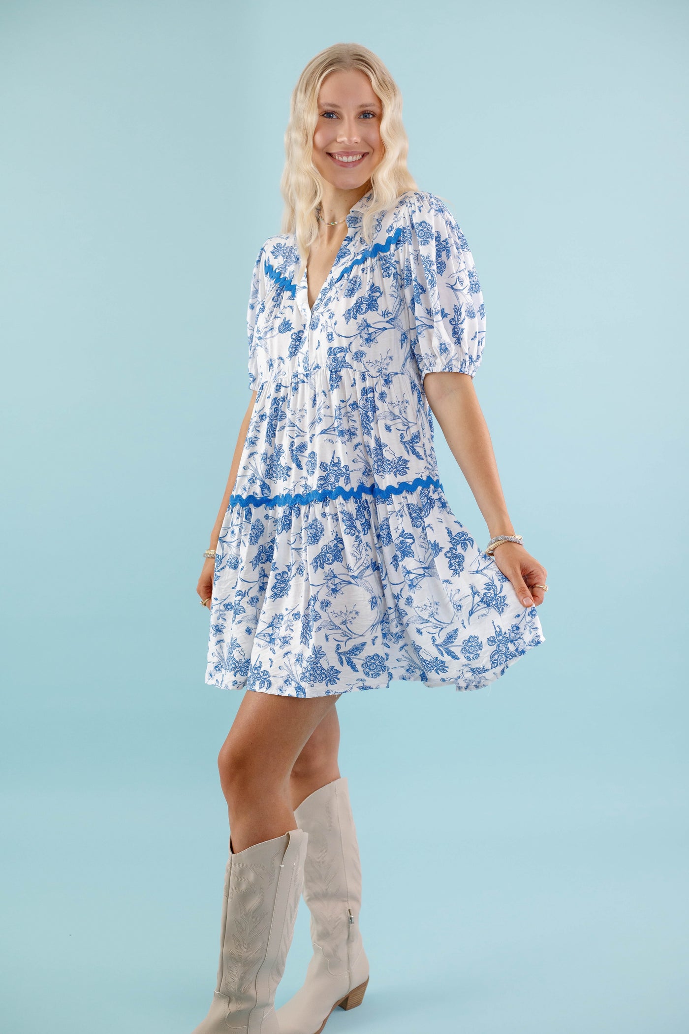 Floral Blue Toile Print Dress- Women's Ric-Rac Dress- Blue Printed Dress