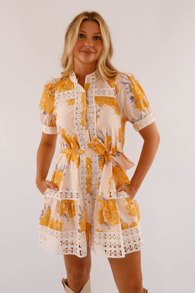 Floral Cotton Mini Lace Trim Dress- Honey Yellow Dress- Women's Entro Dresses