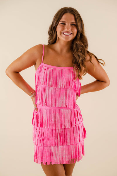 Women's Hot Pink Fringe Dress- Studded Fringe Pink Dress- Women's Pink Fringe Mini Dress