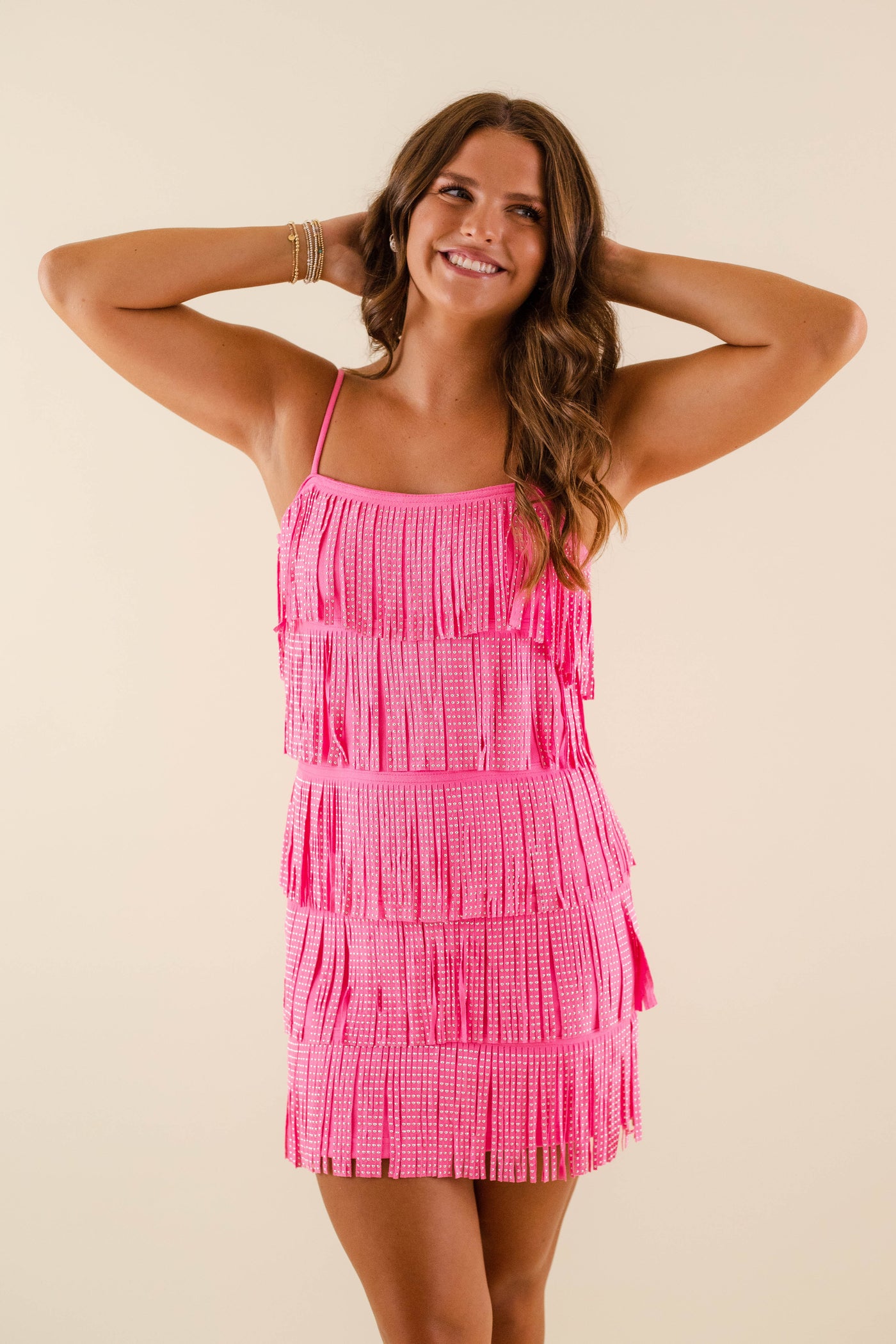 Women's Hot Pink Fringe Dress- Studded Fringe Pink Dress- Women's Pink Fringe Mini Dress