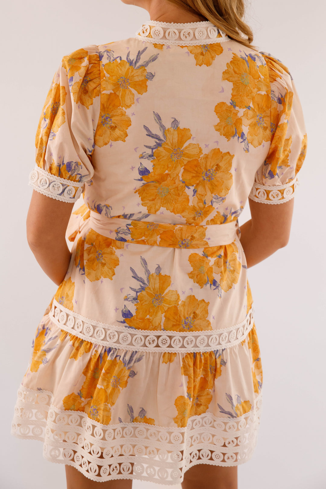 Floral Cotton Mini Lace Trim Dress- Honey Yellow Dress- Women's