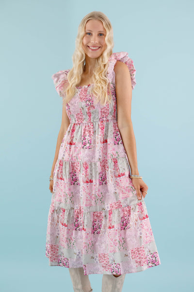 Floral Patchwork Midi Dress- Pink Feminine Floral Midi Dress- Patchwork Midi Dress by Aureum