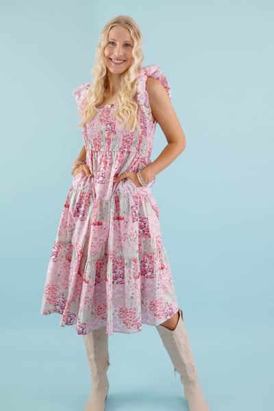 Floral Patchwork Midi Dress- Pink Feminine Floral Midi Dress- Patchwork Midi Dress by Aureum