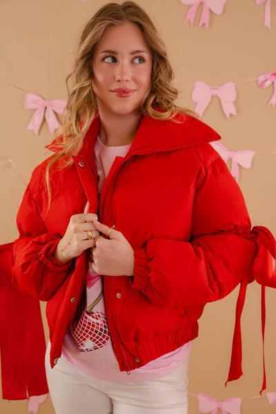 Red Puffer Jacket- Women's Red Bow Puffer Coat- TCEC Puffer Jacket