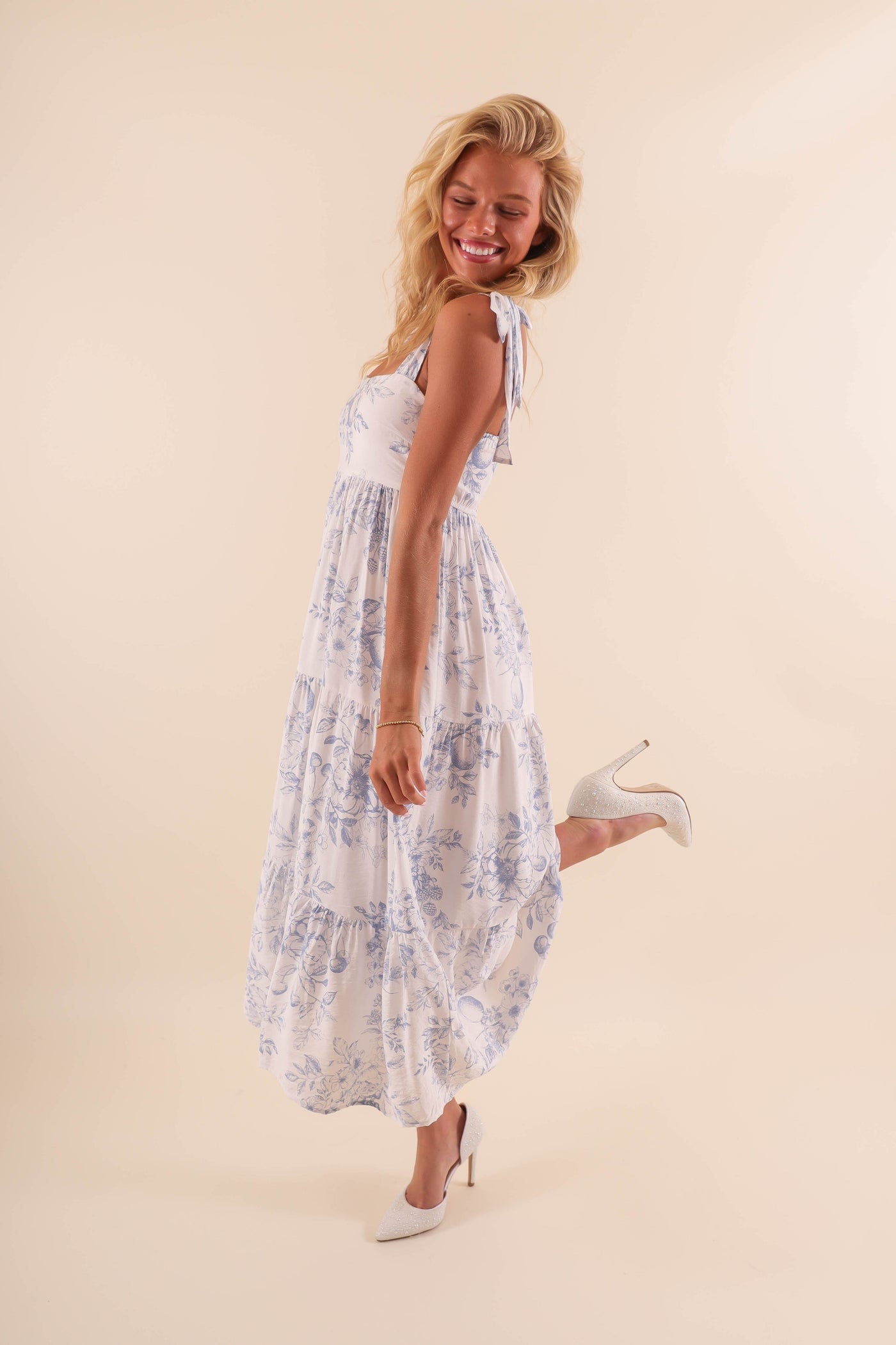 White Tiered Midi Dress with Blue Floral Design and Tie Straps