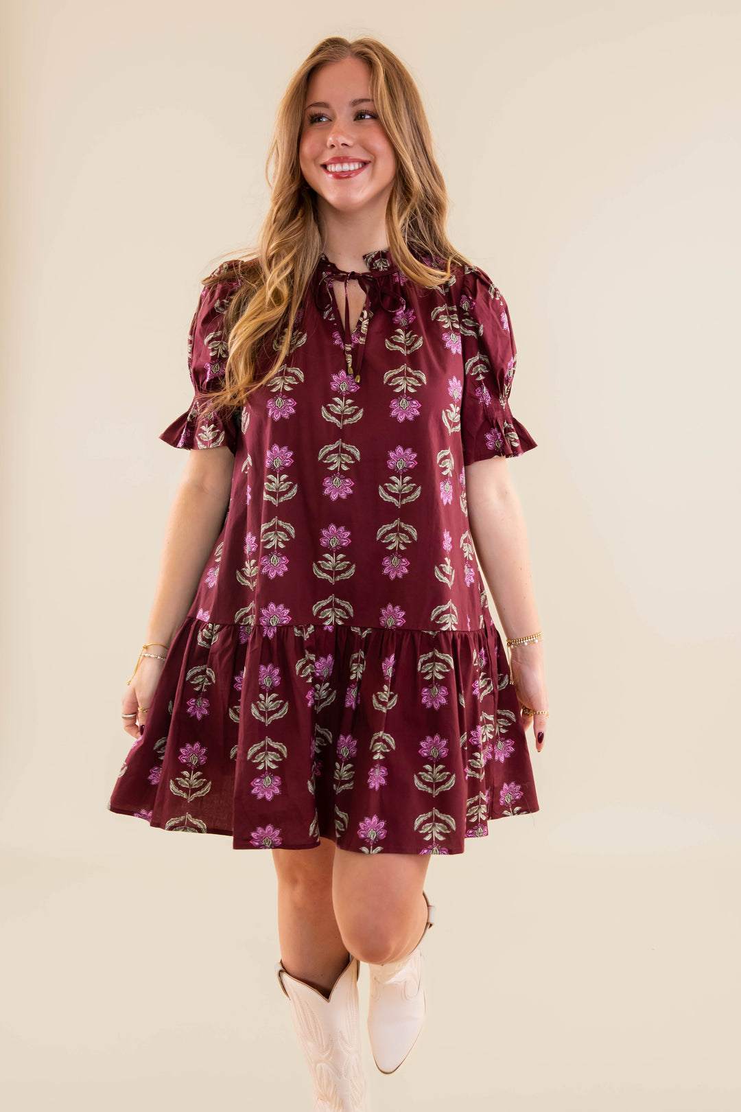 Entro V-Neck Burgundy Embroidered Flowers Dress in Maroon, Size Small, Cotton from Aggieland Outfitters
