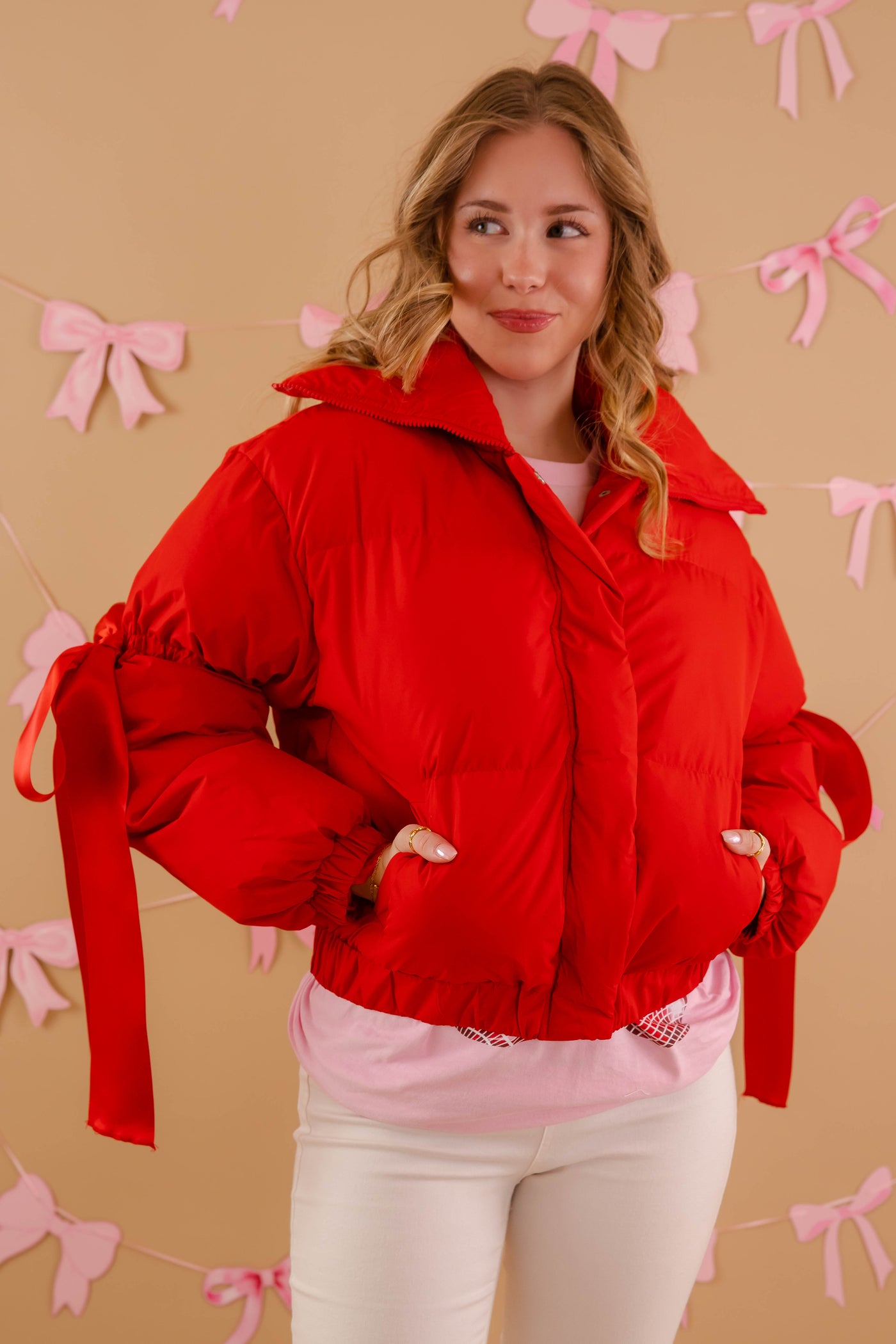 Red Puffer Jacket- Women's Red Bow Puffer Coat- TCEC Puffer Jacket