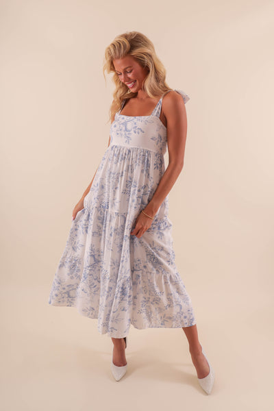 White Tiered Midi Dress with Blue Floral Design and Tie Straps