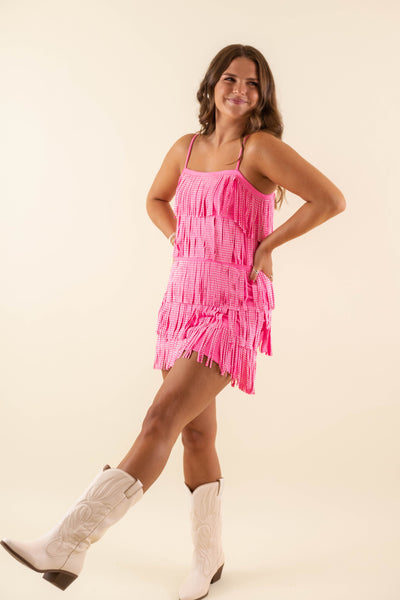 Women's Hot Pink Fringe Dress- Studded Fringe Pink Dress- Women's Pink Fringe Mini Dress