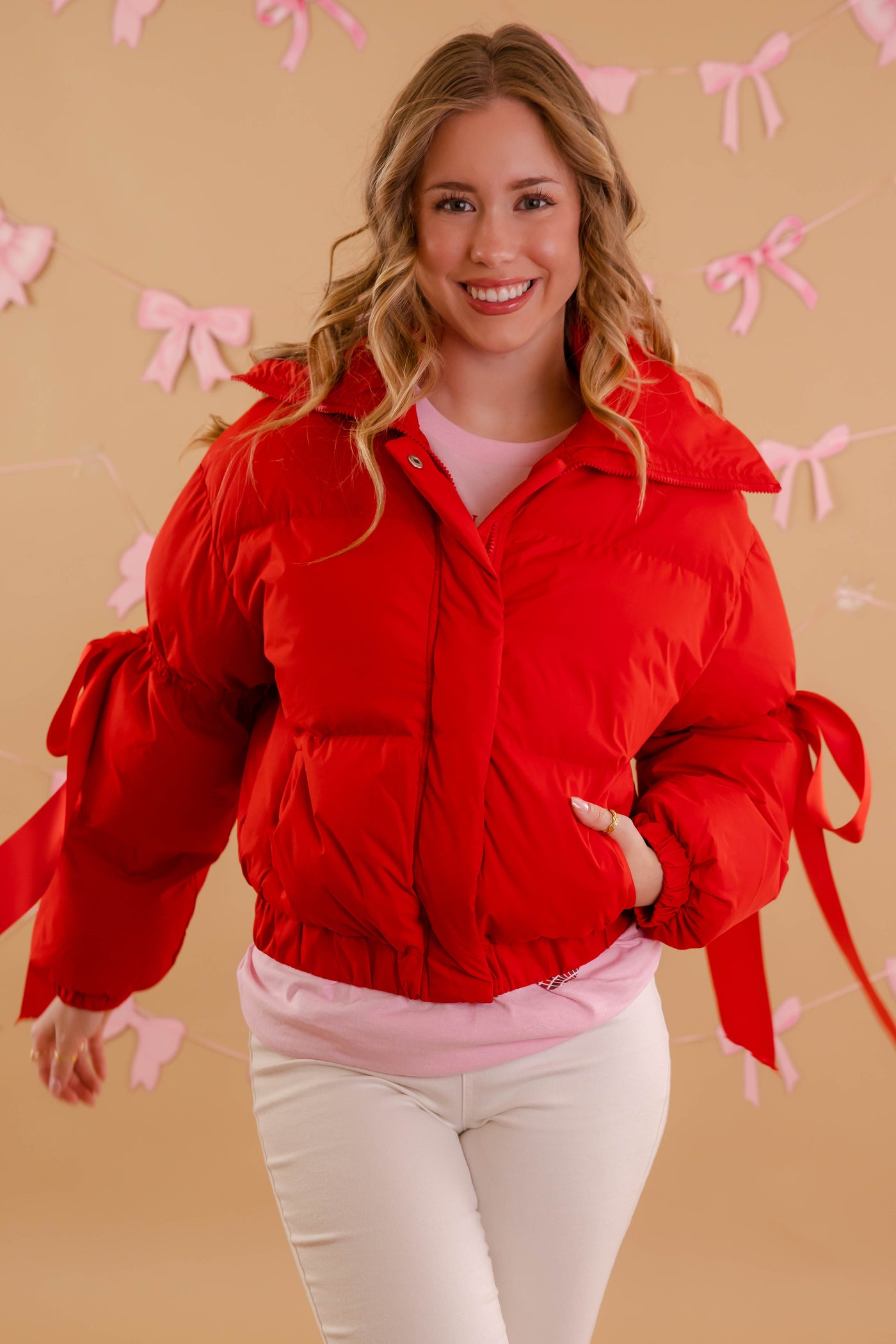 Red Puffer Jacket- Women's Red Bow Puffer Coat- TCEC Puffer Jacket