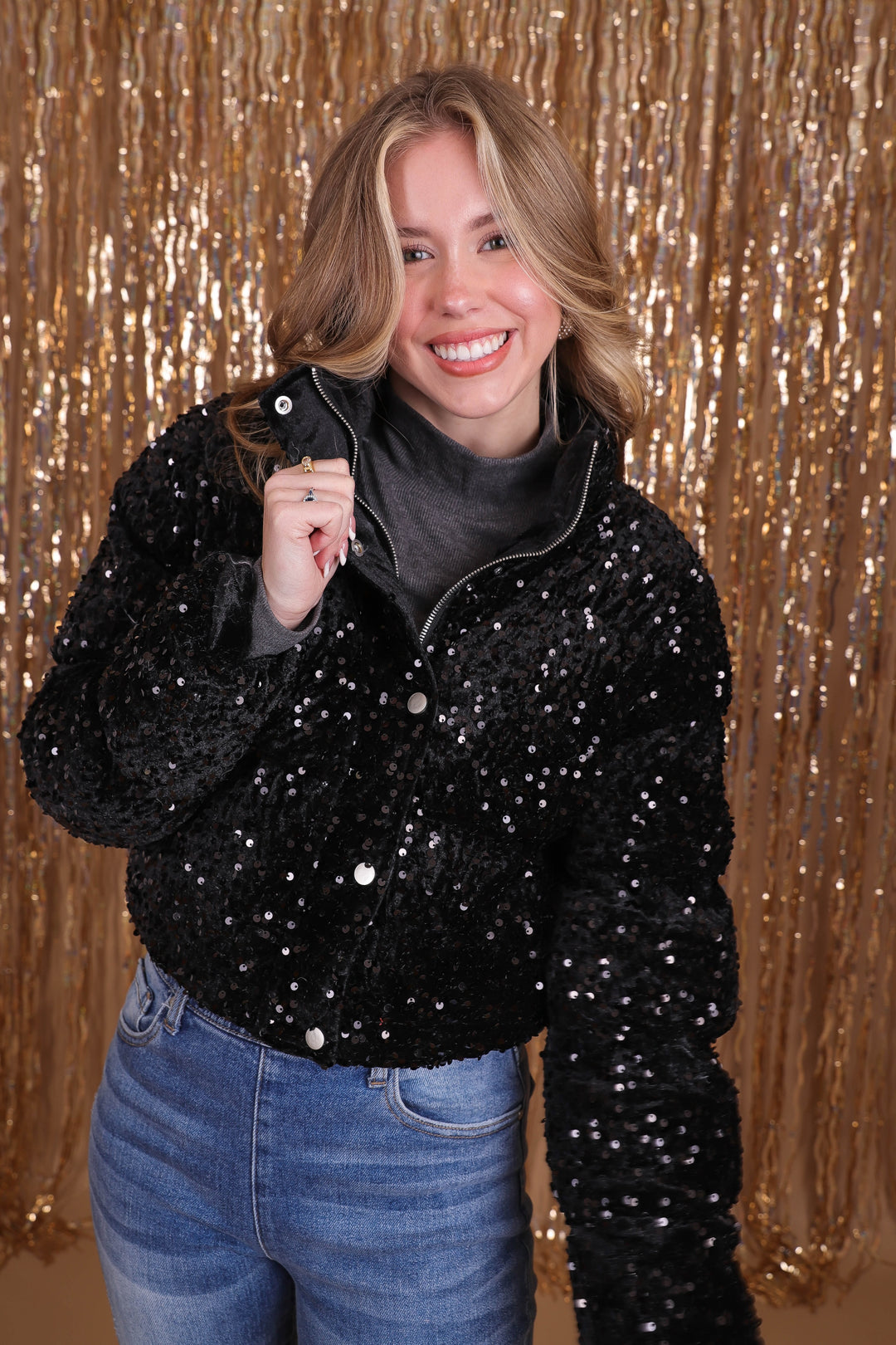 Sparkling On The Slopes Sequin Puffer Jacket Black