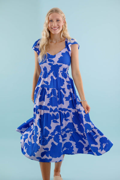 Women's Blue Water Color Dress- Women's Blue Floral Dress- TCEC Dress