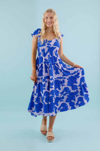 Women's Blue Water Color Dress- Women's Blue Floral Dress- TCEC Dress