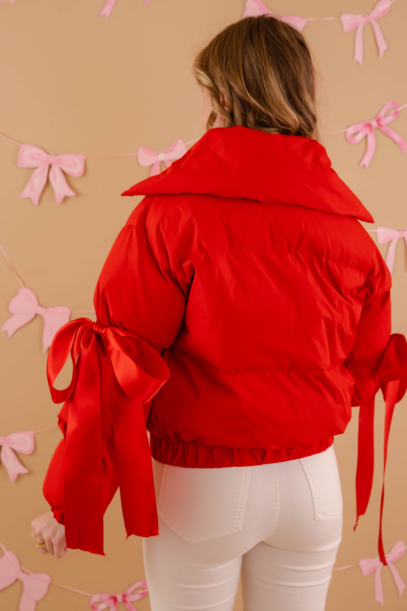 Red Puffer Jacket- Women's Red Bow Puffer Coat- TCEC Puffer Jacket