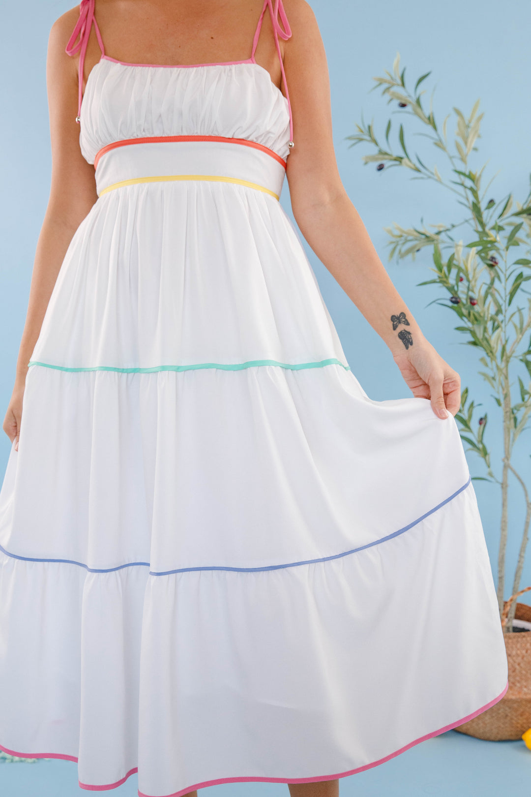 rainbow white dresses Women's Colorful Stripe Midi Dress- White Midi Dress With Rainbow Piping –  Juliana's Boutique