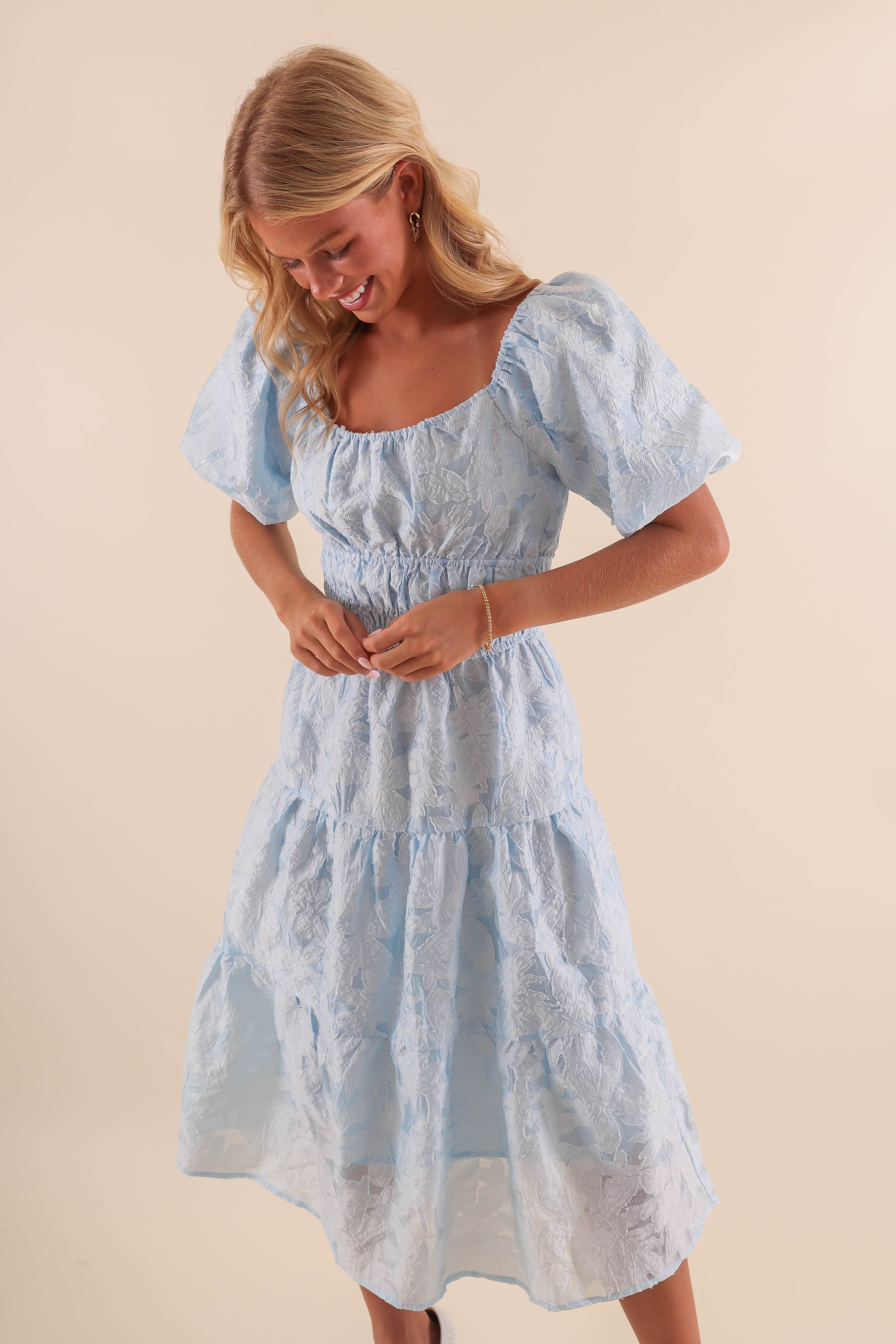 Sky Blue Midi Dress with Balloon Sleeves - Classy Blue Lace Overlay ...