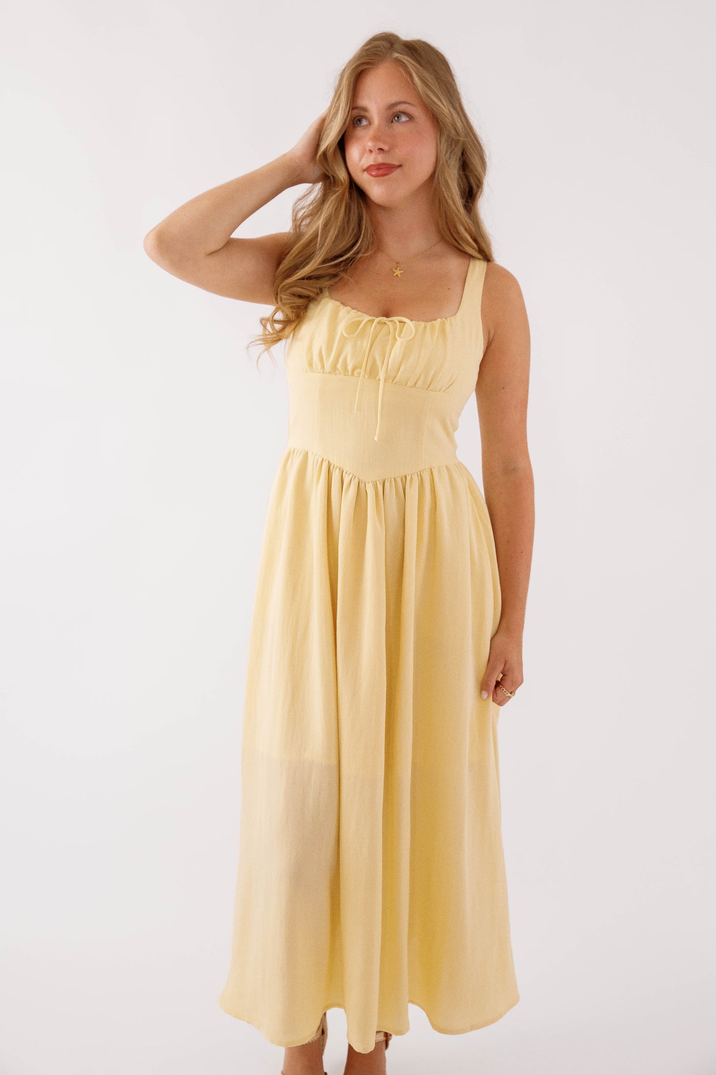 solid midi dress Solid Yellow Corset Midi Dress- Chic Affordable Solid Midi Dress- Classic Yellow Midi Dress Medium