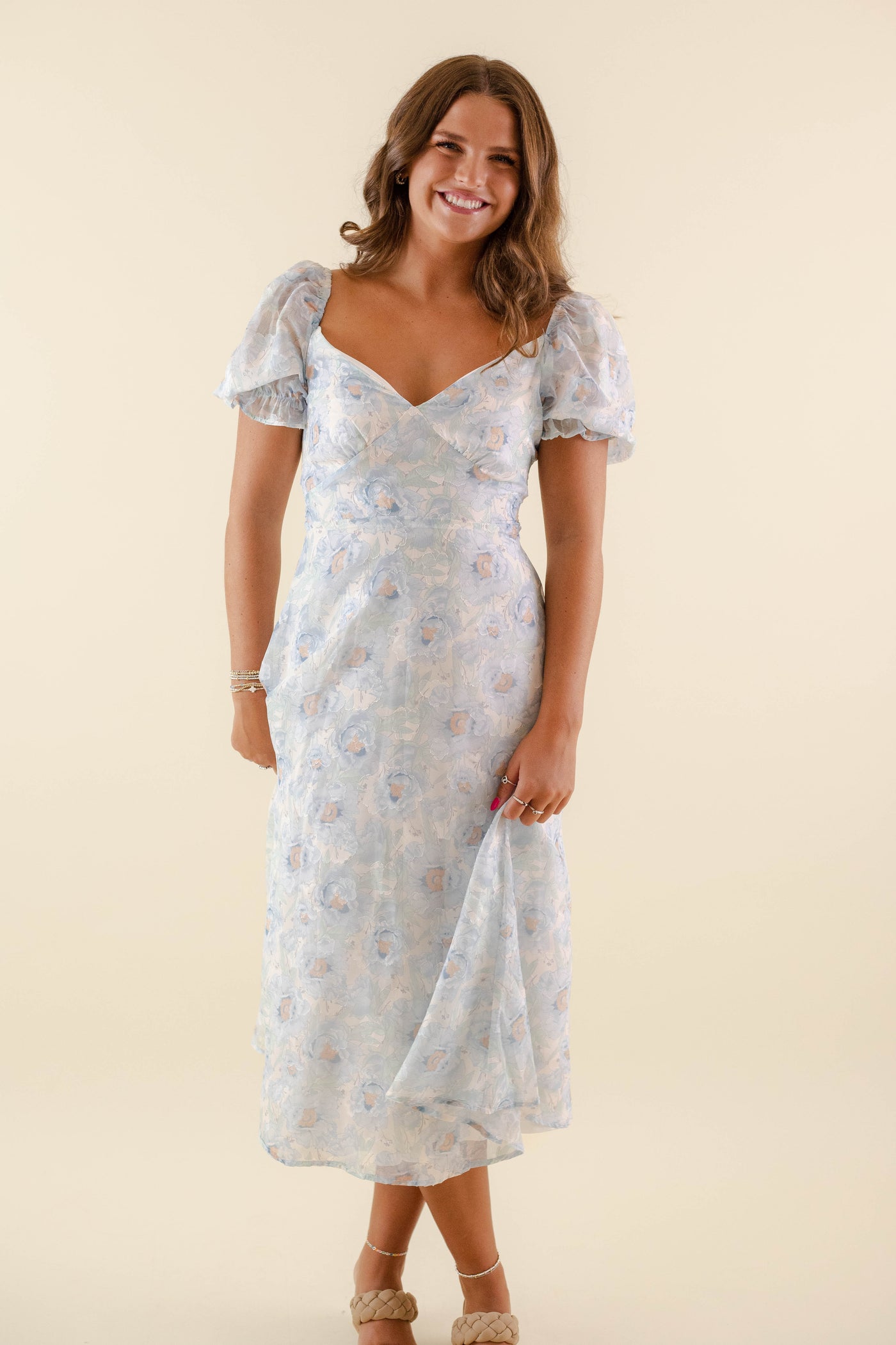 Blue Puff Sleeve Midi Dress- Pastel Flower Print Dress- Wedding Guest Dresses